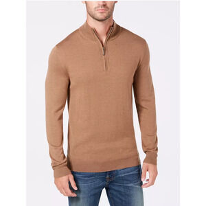 Club Room Men Quarter-Zip Merino Wool Blend Sweater Fawn Heather Size M